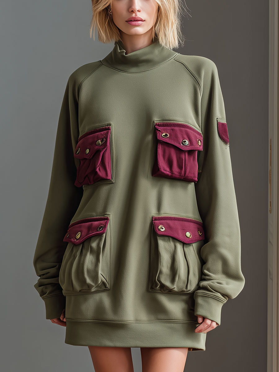 Women's Army Green Cotton Blend Color Block Pocket Casual Mini Dress MDA1979K5T