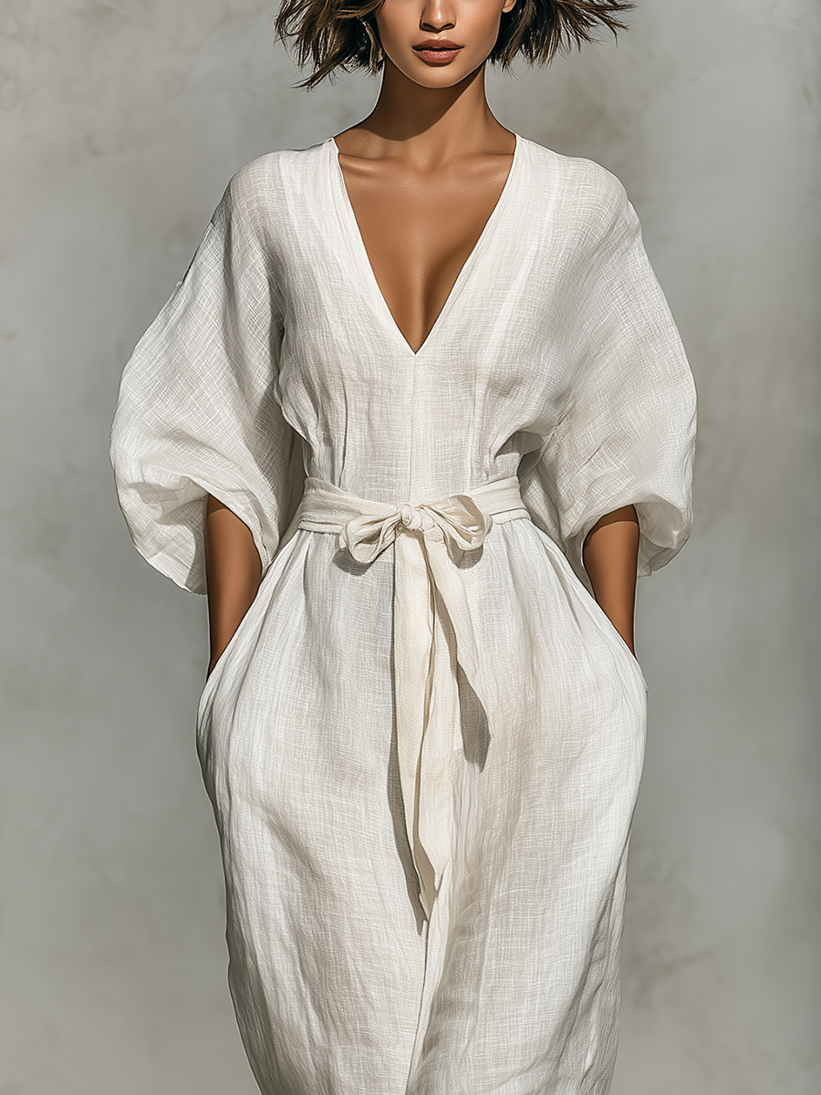Women White Linen V-Neck Belted Wide-Leg Jumpsuit MDA1733L3T