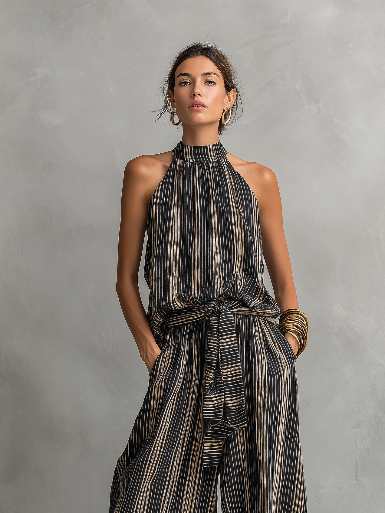 Women's Elegant Striped Printed Woven Round Neck Sleeveless Top Paired With Trousers Set MDZ2706B5AN