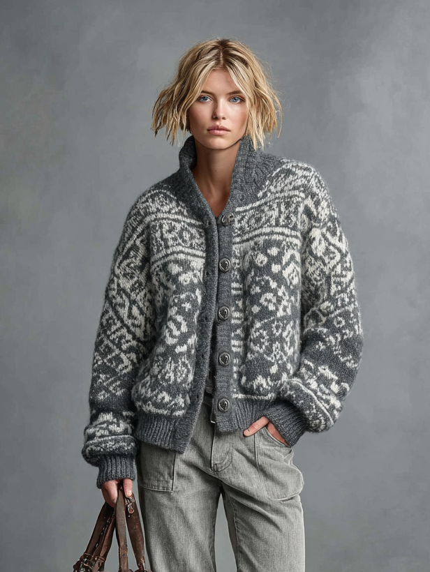 Women's Casual Knit Fair Isle Jacquard Single-Breasted Cardigan MDA2446I4Y