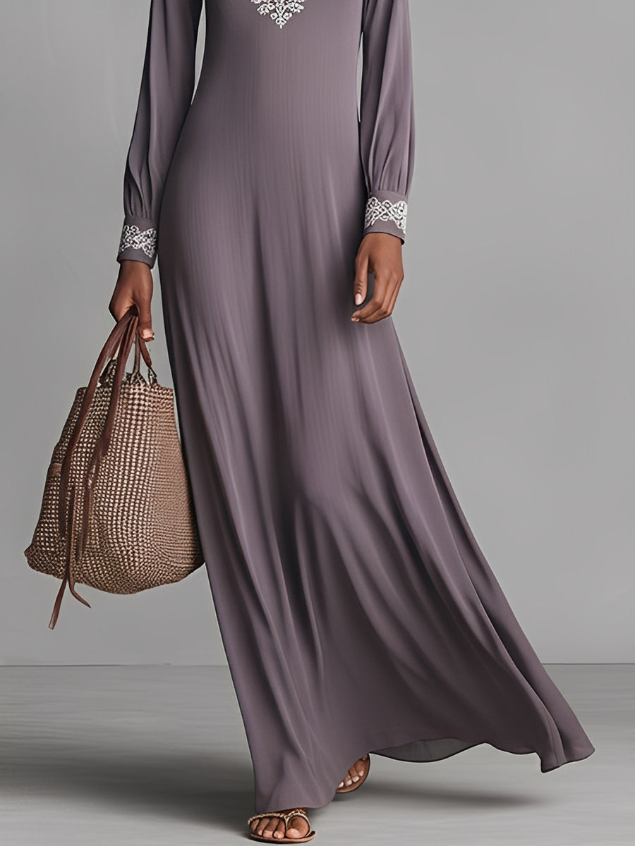 Women's Grey Polyester-Cotton Blend Elegant Embroidered Collared Maxi Dress MDA0589K3I