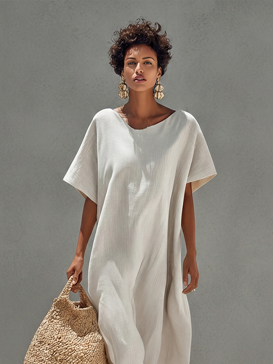 Women's White Linen Dress With Relaxed Fit & Minimalist Design, Timeless Resort-Casual Style Dress MDZ0528B5I