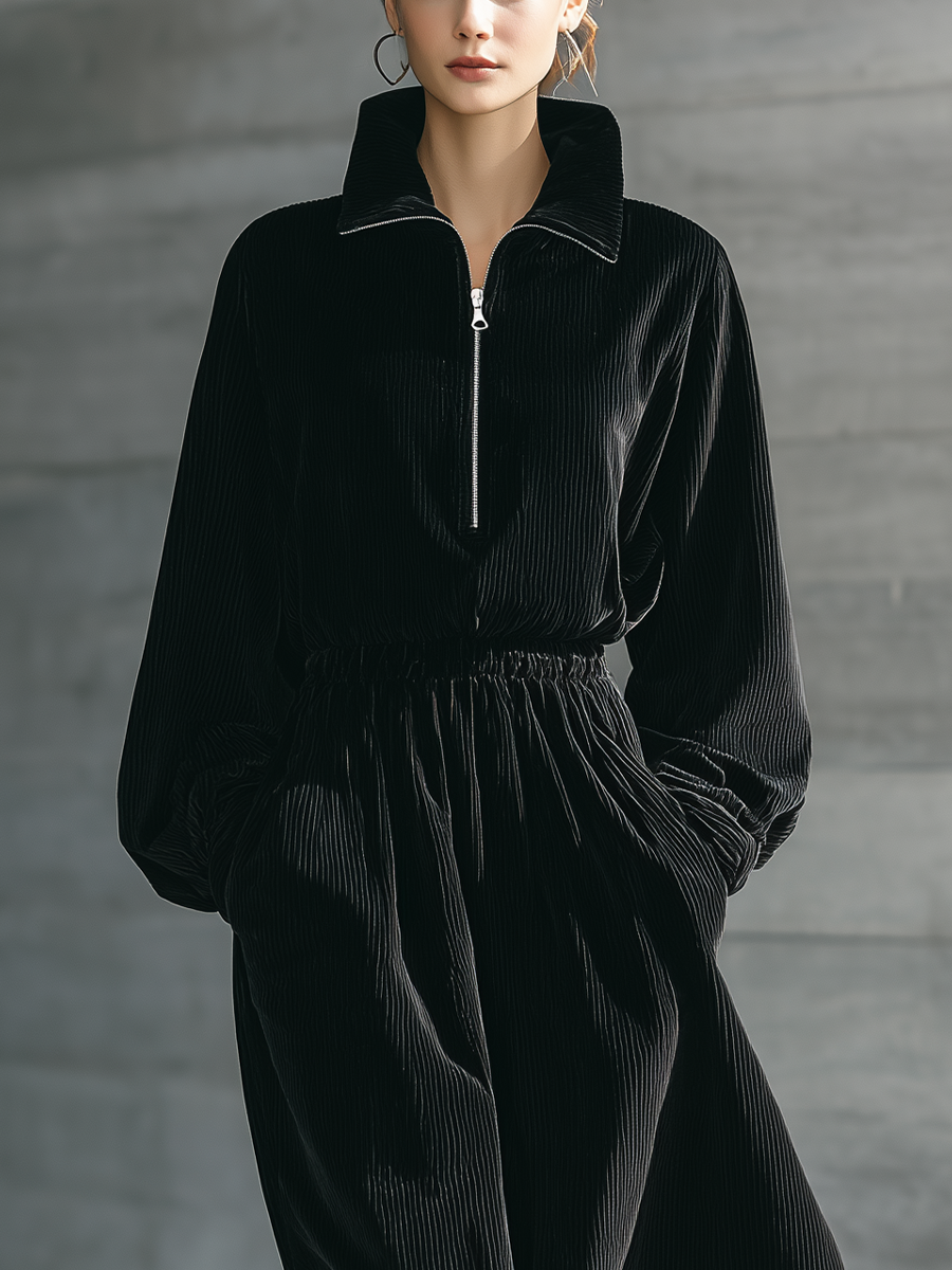 Women's Black Corduroy Half-Zip Stand Collar Fitted Waist Maxi Dress MDA0503K5T