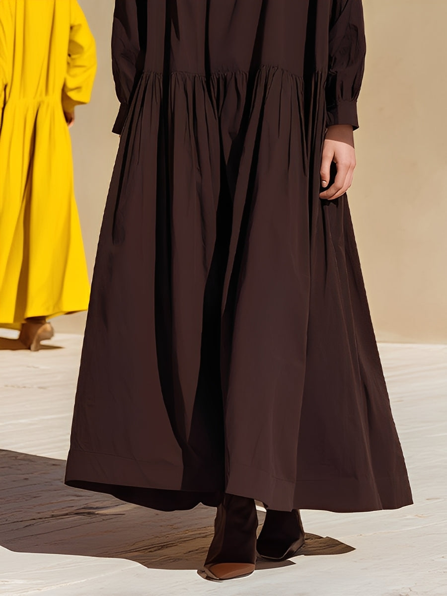 Women's Brown Structured Woven Dress With Relaxed Fit & High Neck, Modern Elegant Style Dress MDA0820L2I