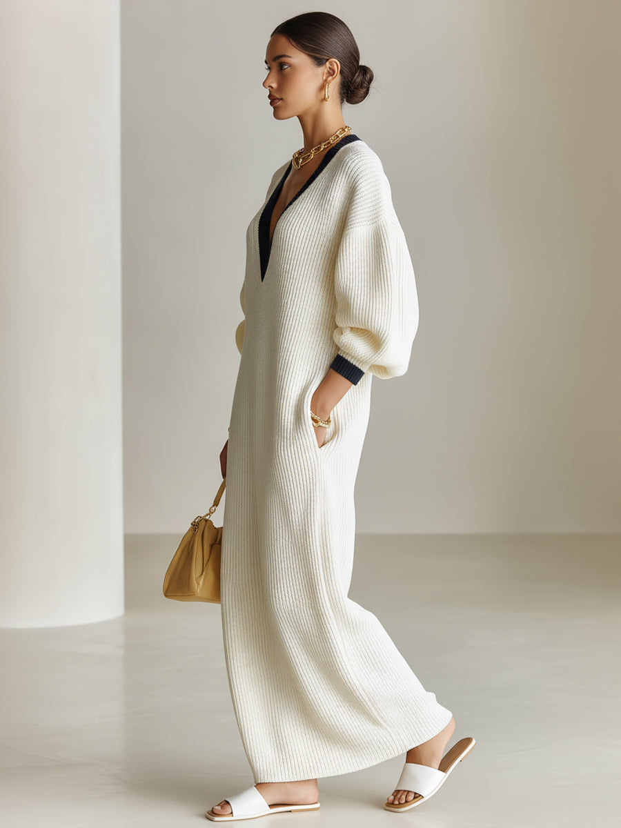 Women's Cream Elegant Ribbed Knit Contrast V - Neck Balloon - Sleeve Maxi Sweater Dress MDA2581I6I