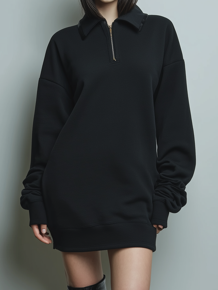 Women's Fashionable And Versatile Sporty Casual Style Black Zip-up Collar Long-sleeved Short Sweatshirt Dress MDA2599K6AN