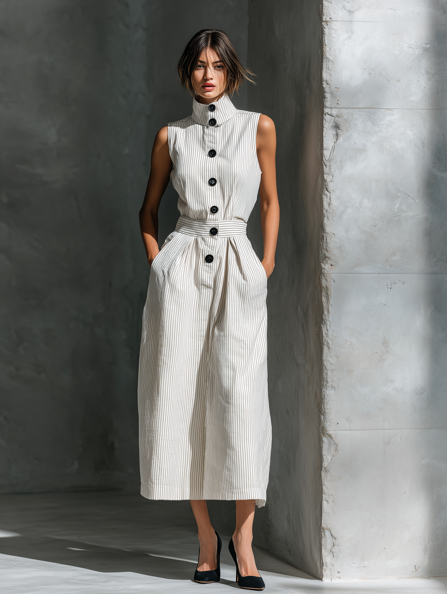 Women's Minimalist Striped Button-up Stand-collar Sleeveless Maxi Dress MDZ0531A6Y