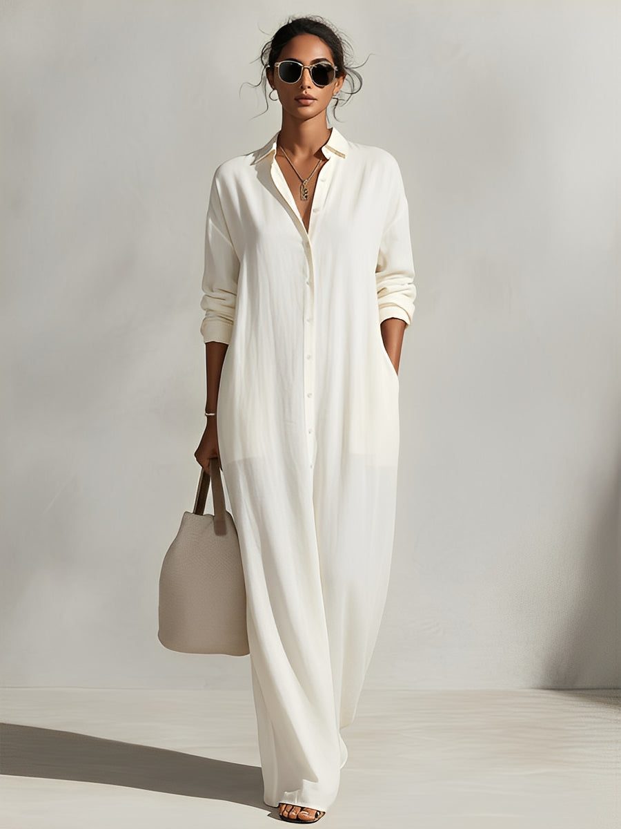 Women's Cream Textured Dress With Button-Front Detail & Relaxed Fit, Modern Casual-Chic Style Maxi Dress MDA1603L4I
