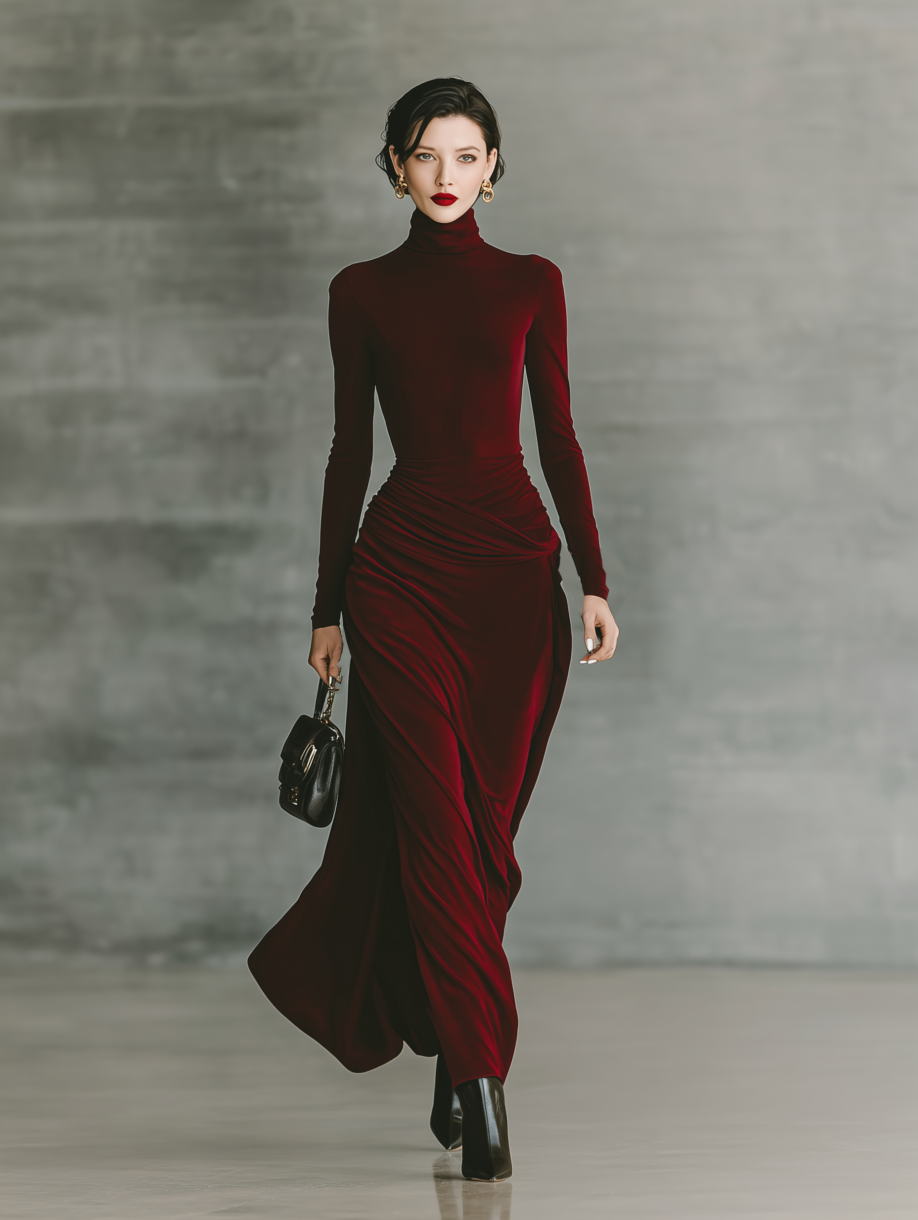 Women's Burgundy Velvet High Neck Slim Fit Maxi Dress MDA2425J1T