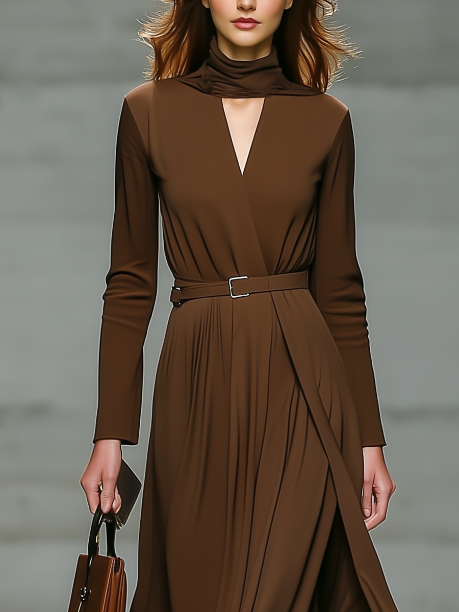 Women's Dark Brown Cotton Blend High Neck Belted Elegant Maxi Dress MDA0816I0T