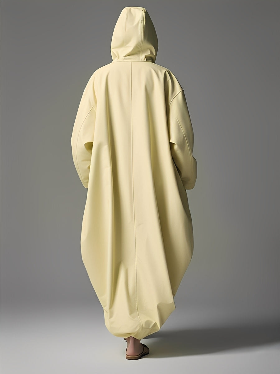 Women's Pale Yellow Textured Woven Fashion Coat With Patch Pockets & Relaxed Fit, Edgy Everyday Style Coat MDA2597K5I