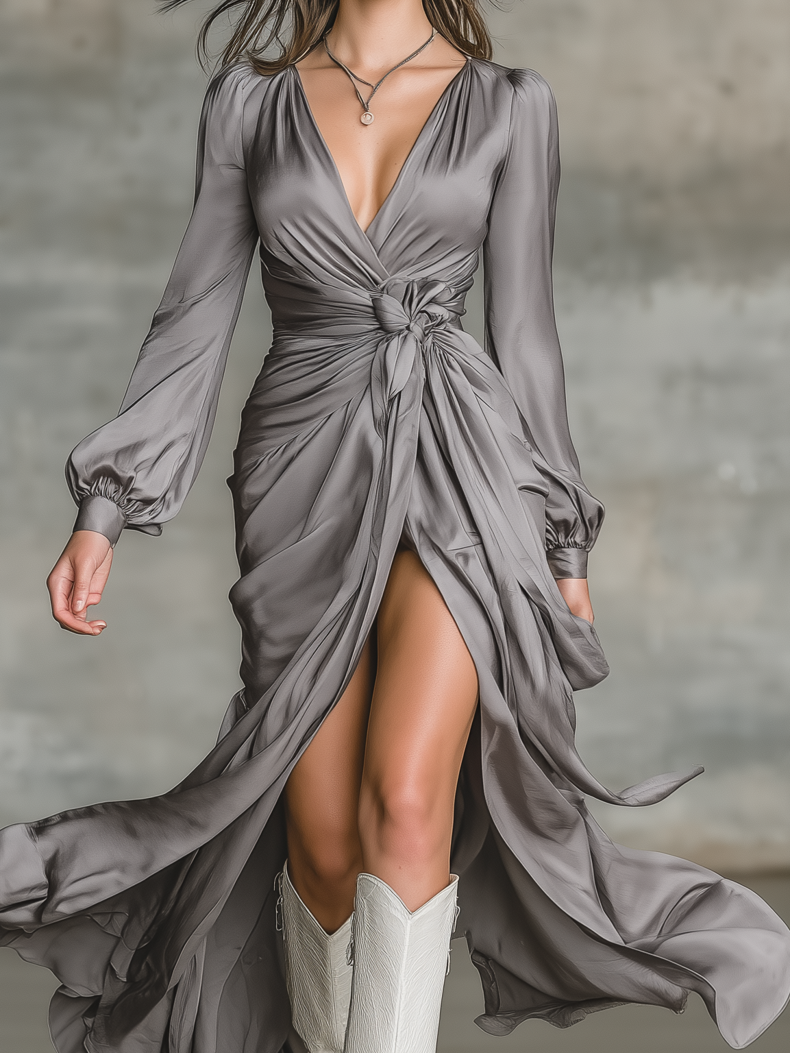 Women's Fashionable And Elegant V-neck Long-sleeved Grey Glossy Satin Dress With Ruched Waist And Tie Waist, Front Slit MDA0156L9AN