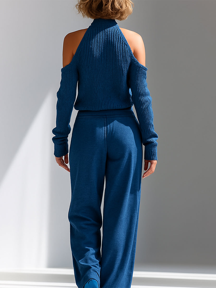 Women's Blue Elegant Ribbed Knit Cold - Shoulder Sweater And Wide - Leg Pants Set MDA1591I8I