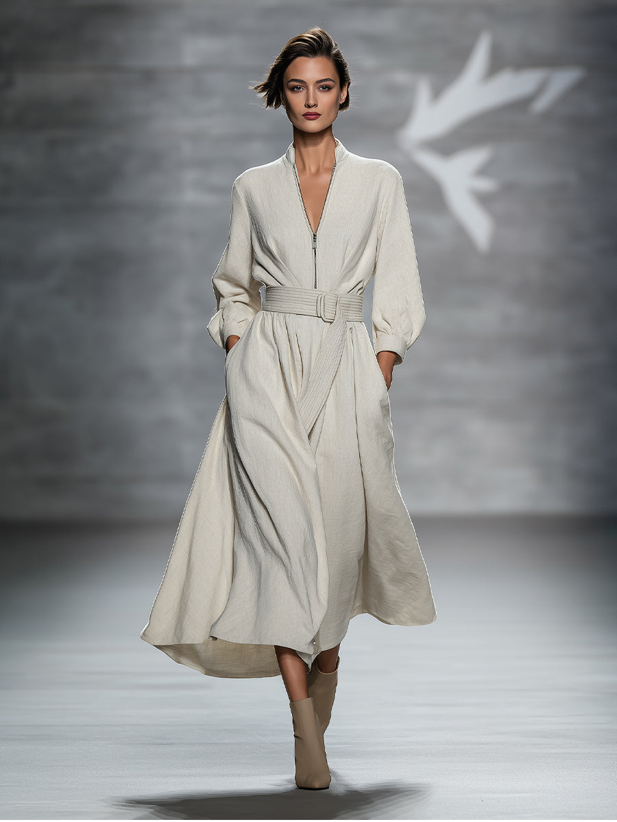 Women's Beige Chic Linen - Blend Belted Wrap Midi Dress MDA0677H3I