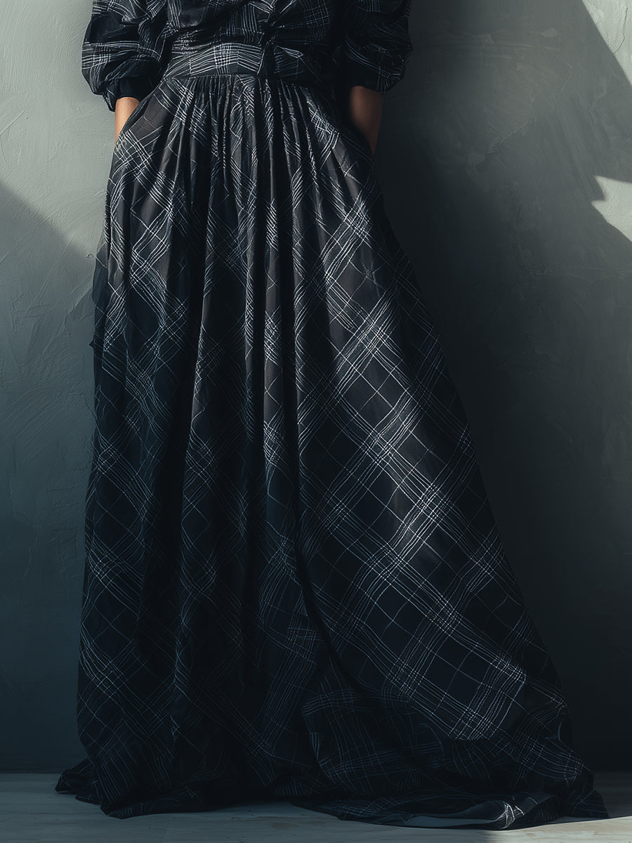 Women's Black - White Chic Linen Blend Plaid High - Neck Belted Maxi Dress MDA2025J6I