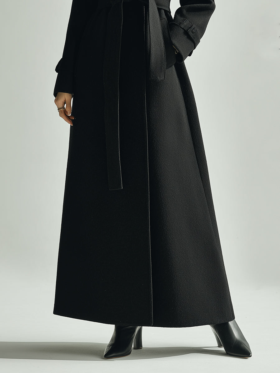 Women's Black Wool-Blend Elegant Maxi Coat With Notch Lapel & Waist Belt, Timeless Luxury Style MDA2480J6I
