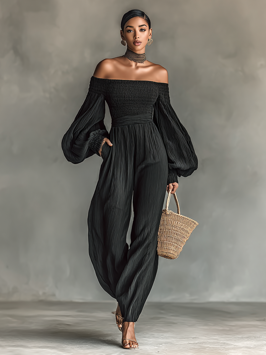 Women's Off-the-shoulder Long-sleeved Pleated Fabric Jumpsuit MDA1515G1Y