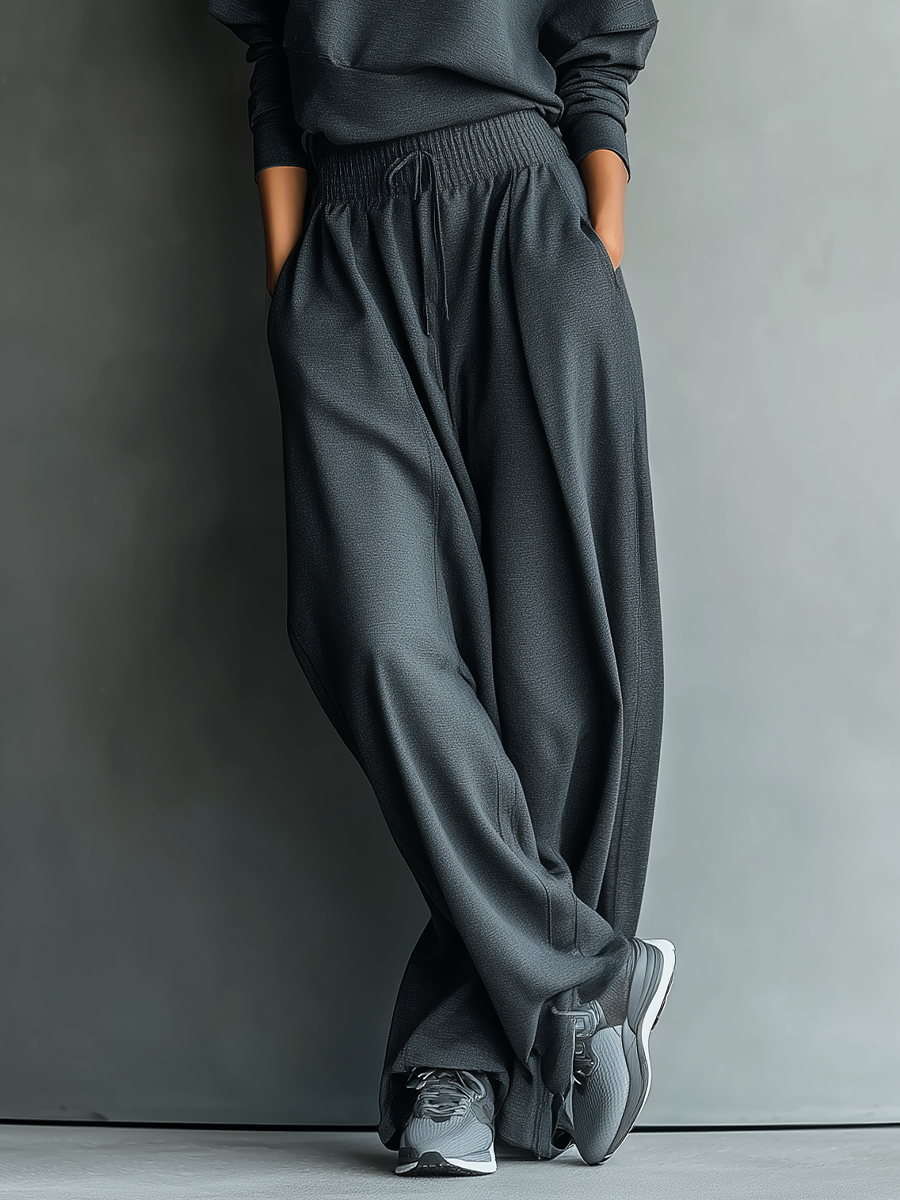Women's Charcoal Knit Fabric Turtleneck Oversized Top & Wide-Leg Pants Set MDA2435L7T