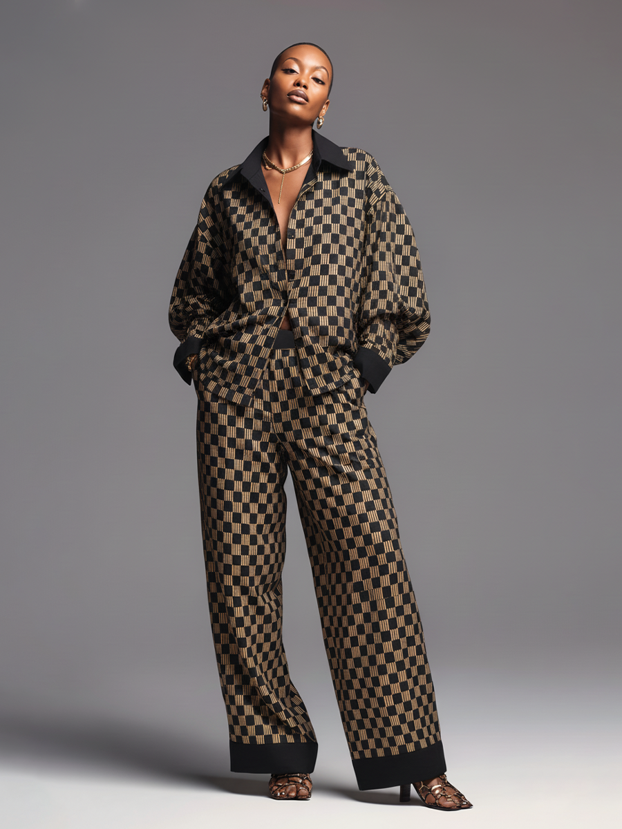 Women's Black & Tan Checked Oversized Set With Contrast Trims & Relaxed Fit, Streetwear Inspired Set MDA2474J8I