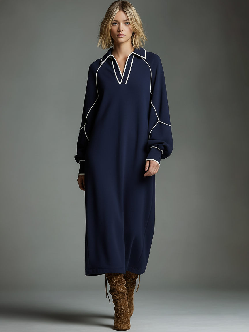 Women's Loose V-neck Collared Long-sleeved Sweatshirt Maxi Dress MDA2993J2Y