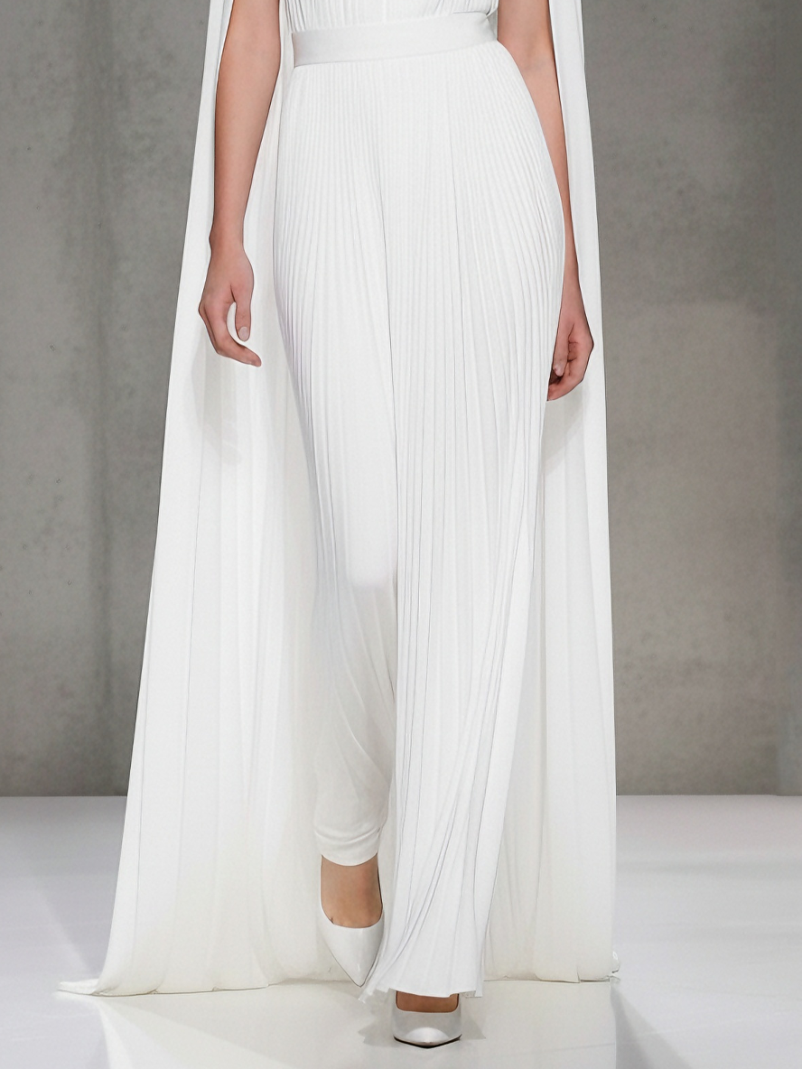 Women's Regal Pleated White Mock-Neck Cape-Sleeve Belted Maxi Dress MDA2021L5AU