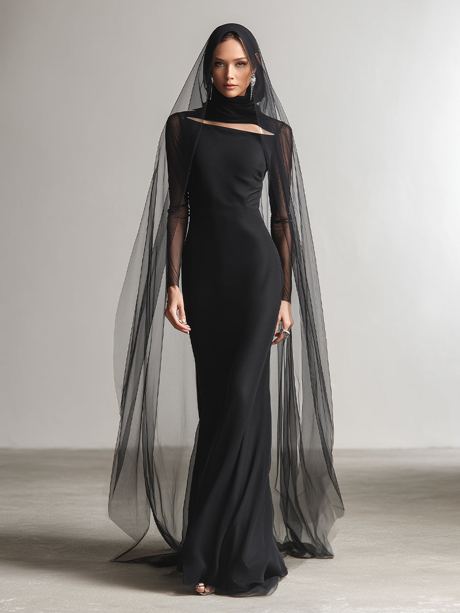 Women's Black Satin & Sheer Tulle Dress With Cutout Detail & Floor-Length Veil Elegant Maxi Dress (without The Veil) MDA2256L1I