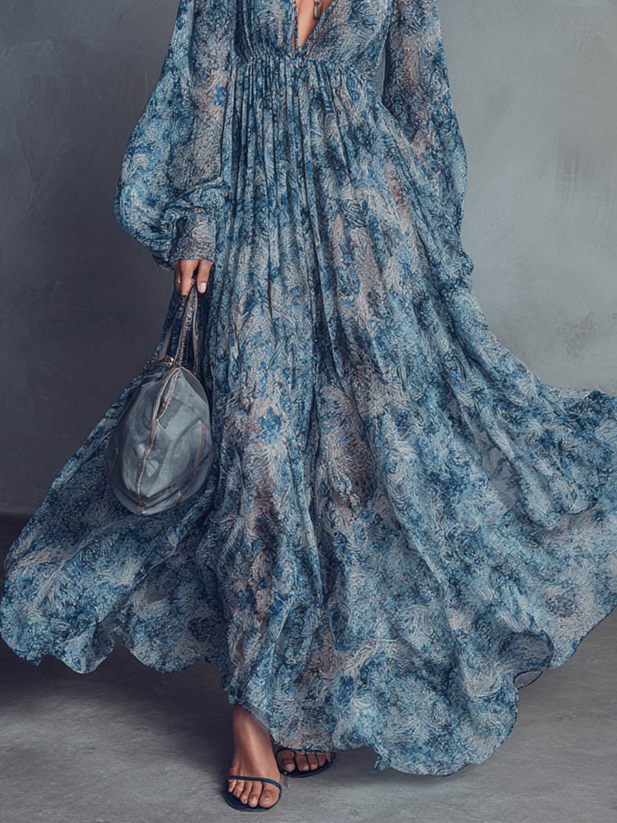 Women's Bohemian Style Blue Floral Print V-Neck Lantern Sleeve Chiffon Maxi Dress MDZ1067B8BA