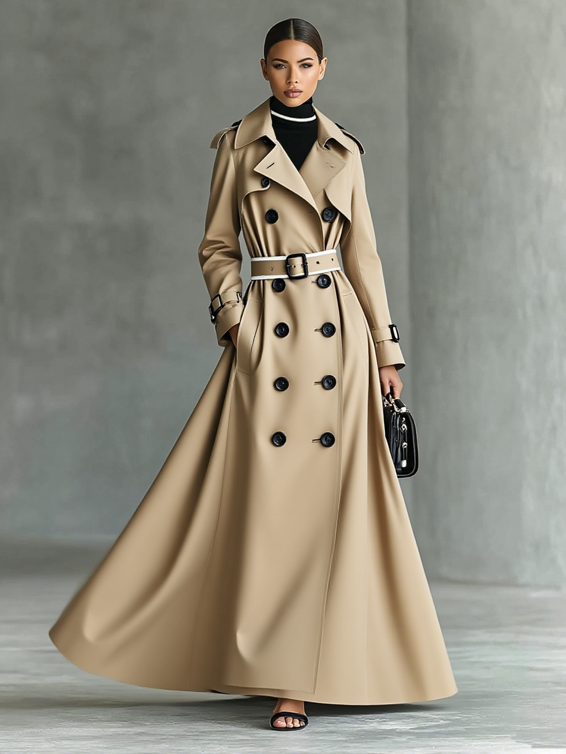 Women's Fashion Lapel Belt Double Breasted Long Trench Coat MDA3002H7Y