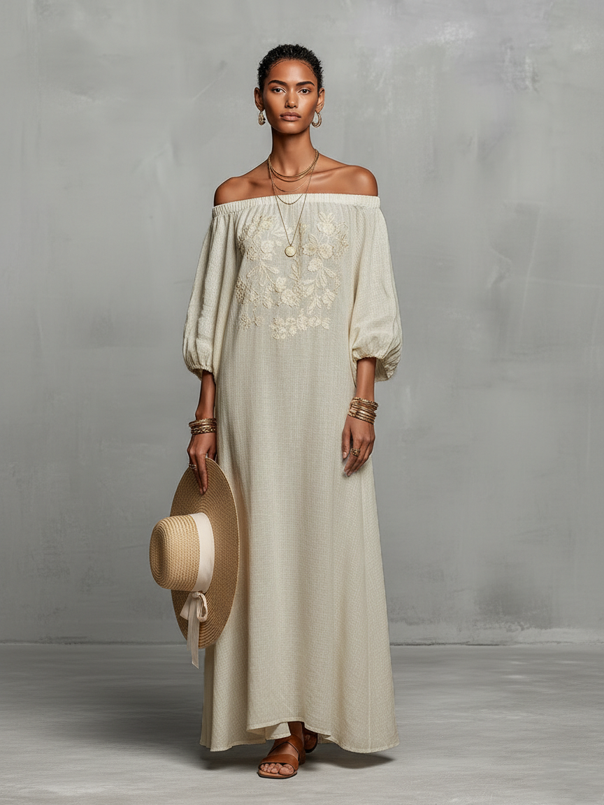 Women's Minimalist Off-the-shoulder Three-quarter Sleeve Embroidered Maxi Dress MDZ3063A3Y