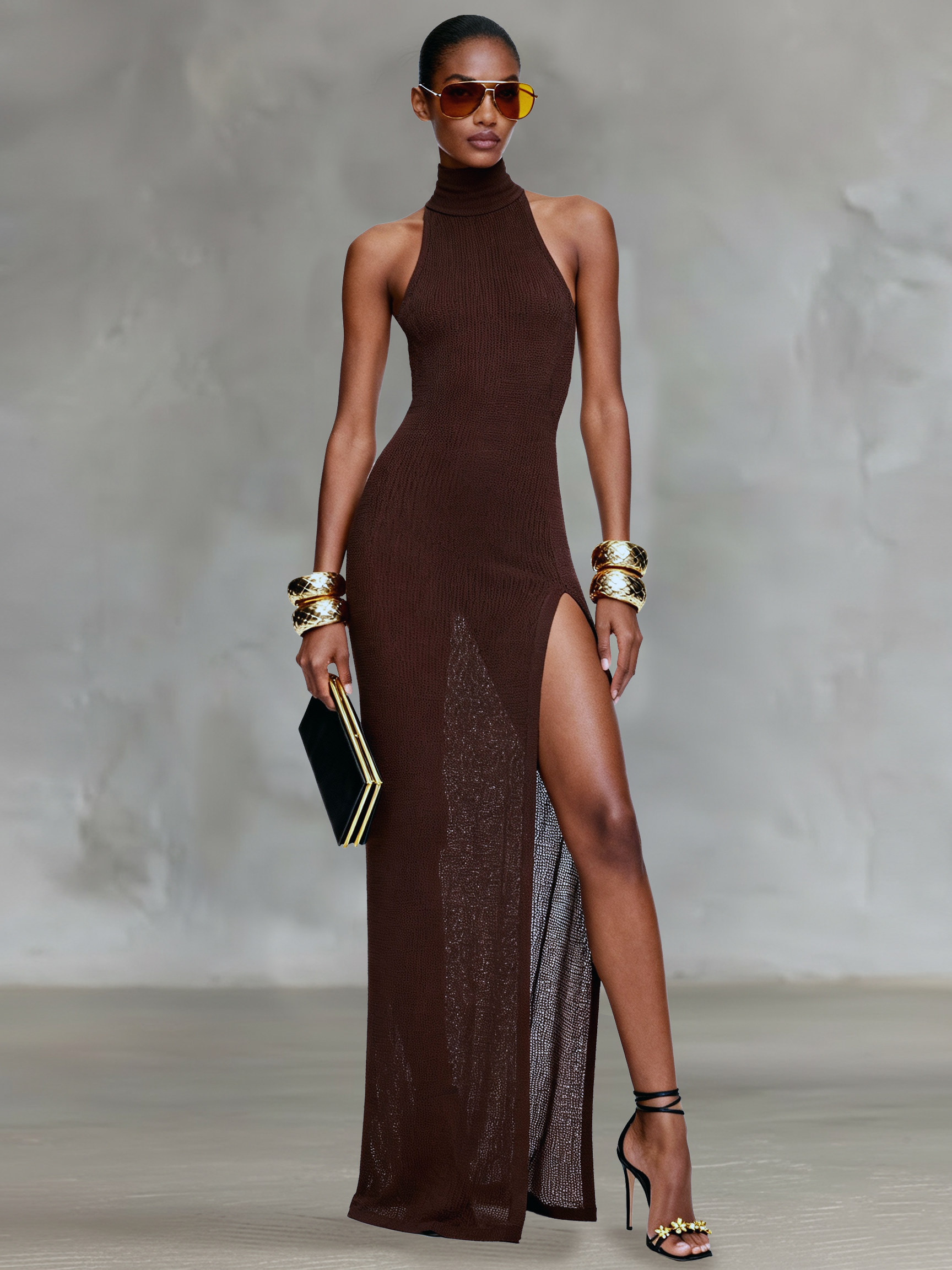 Women's Minimalist Knitted Turtleneck Sleeveless High Slit Sheer Maxi Dress MDZ0510A4Y