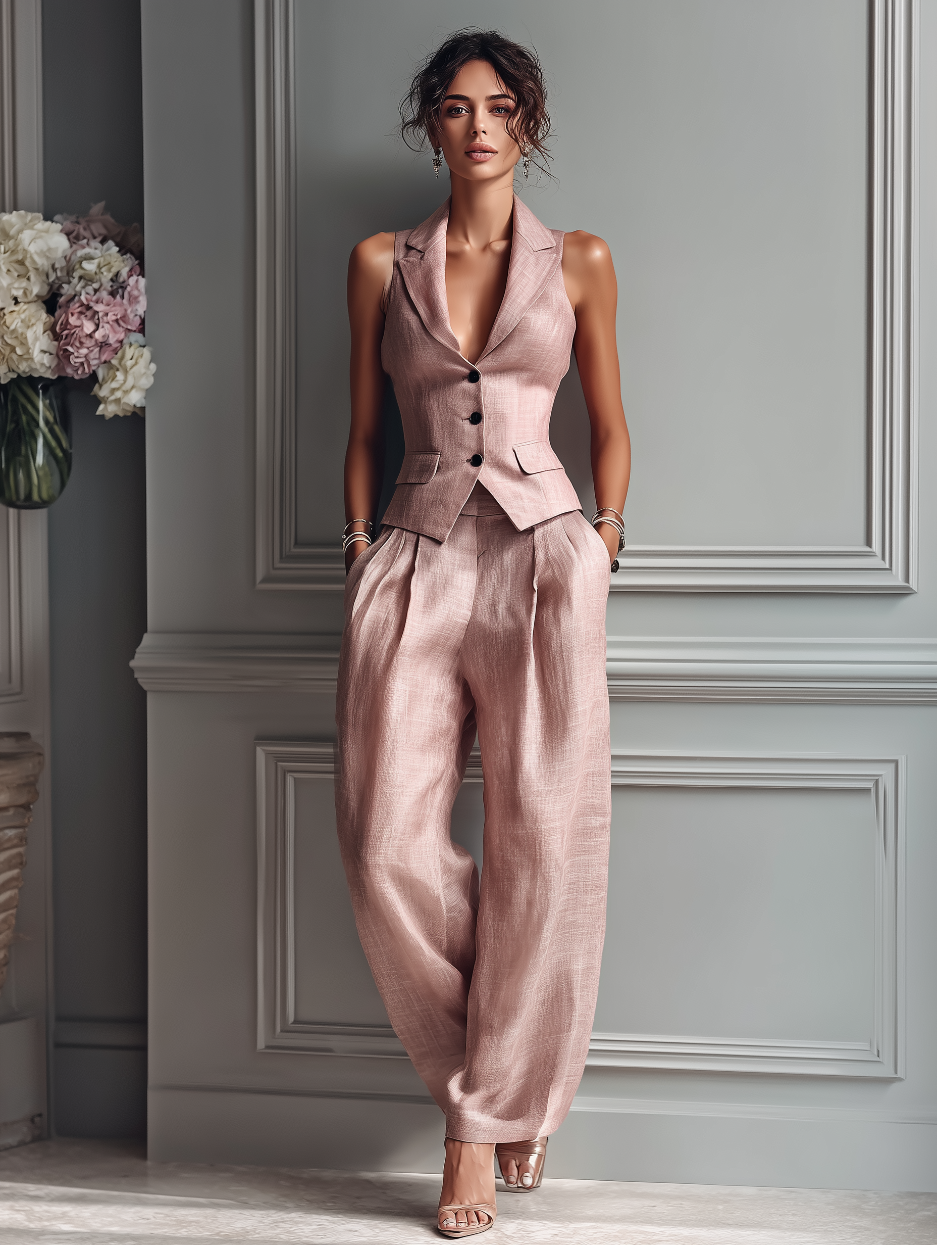 Women's Blush Pink Linen Fabric Sleeveless Vest & Wide-Leg Pants Two-Piece Set With Lapel Collar MDZ3005A5T