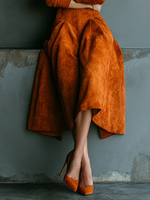 Women's Fashion Suede Round Neck Long Sleeve Midi Dress MDA1485H9Y