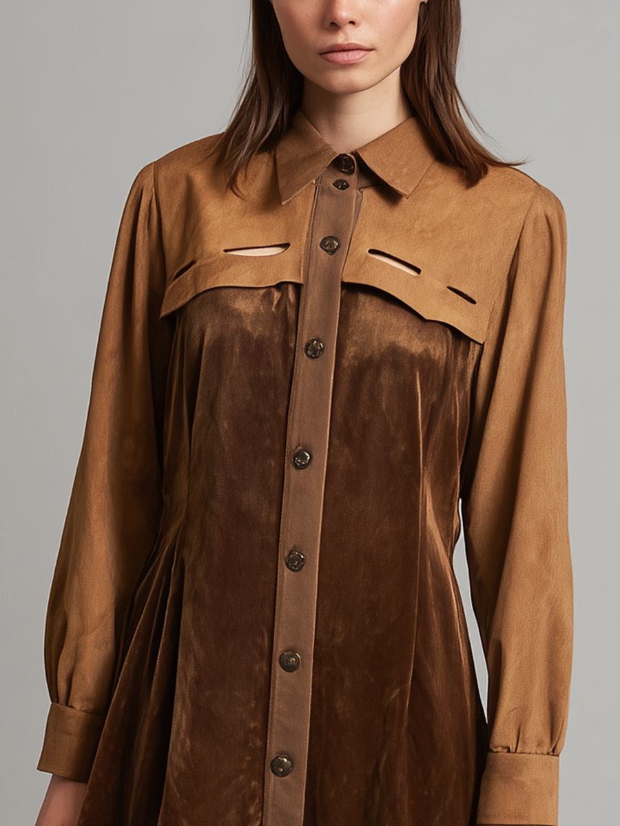 Women's Caramel Velvet Trim Brown Suede Collar Long-Sleeved Midi Dress MDA0893K8T