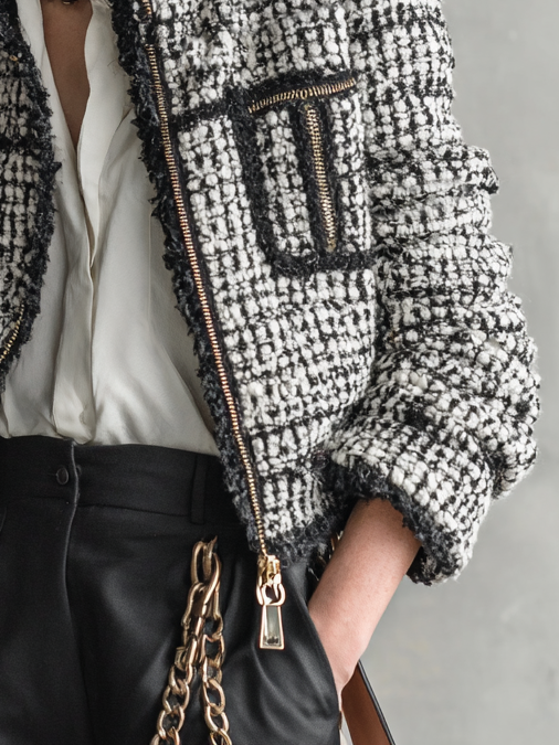 Women's Loose Tweed Blend Zipper Stand Collar Cropped Jacket MDA0988I2Y