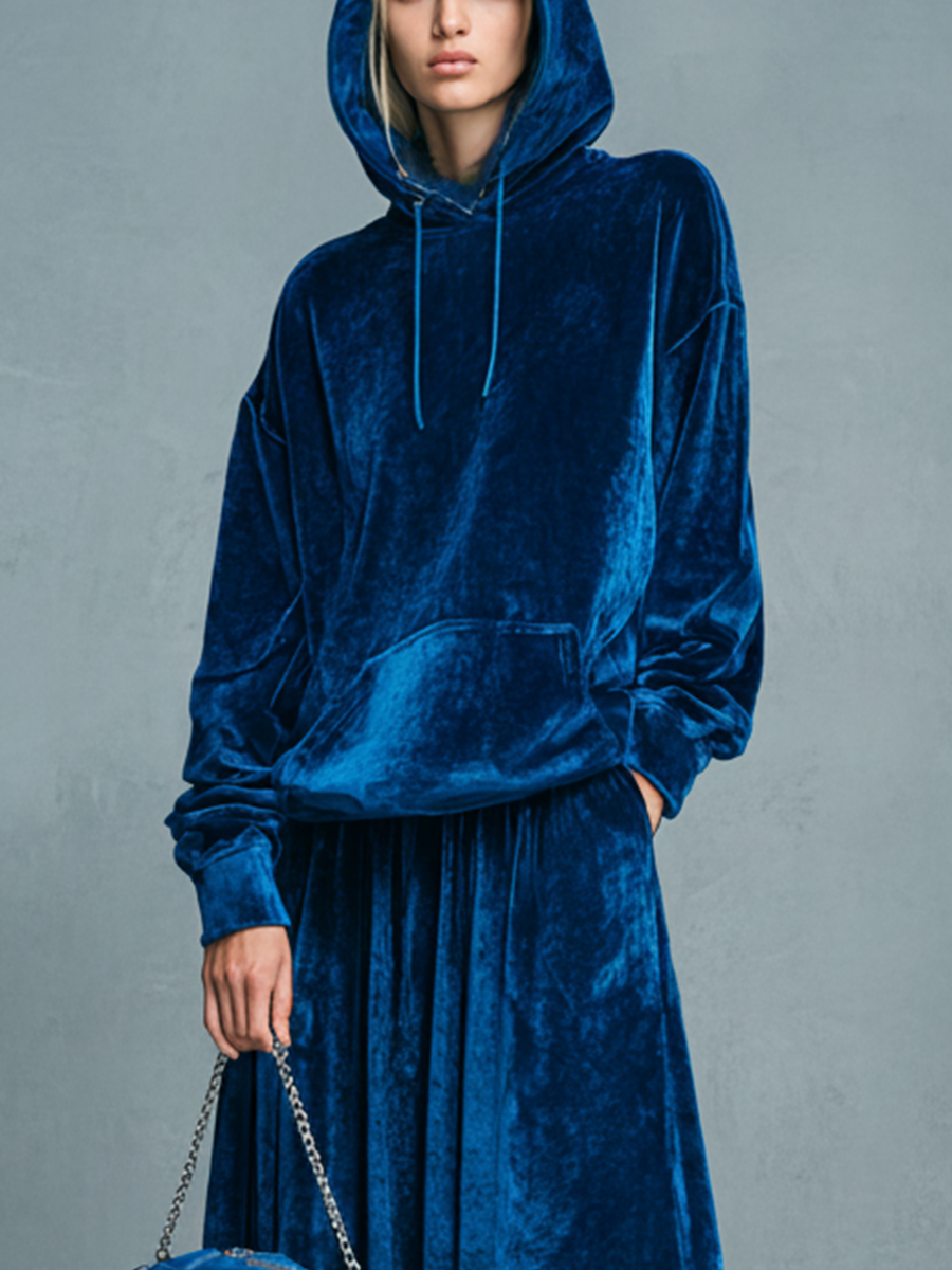Women's Royal Blue Soft Velvet Fabric Hooded Sweatshirt & Pleated Maxi Skirt Set MDA1748L2T