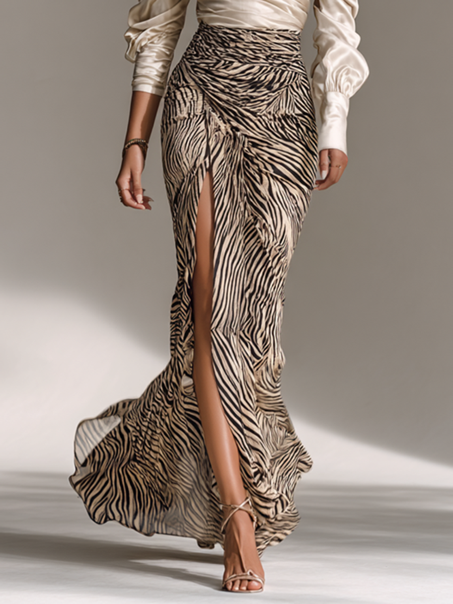 Women's Satin Off-shoulder Long-sleeved Top With Zebra Print Hip-wrapped Slit Skirt Two-piece Set MDA1632G5Y