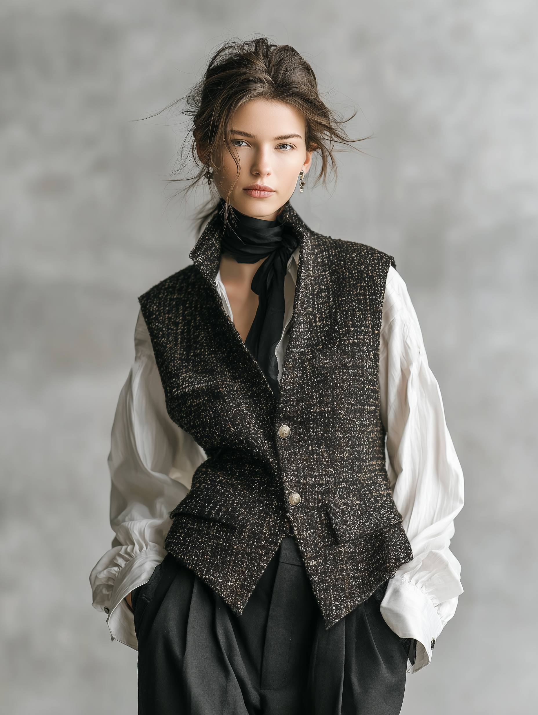 Women's Minimalist Loose-fitting Tweed Blend Stand-collar Single-breasted Vest MDA2662K1Y