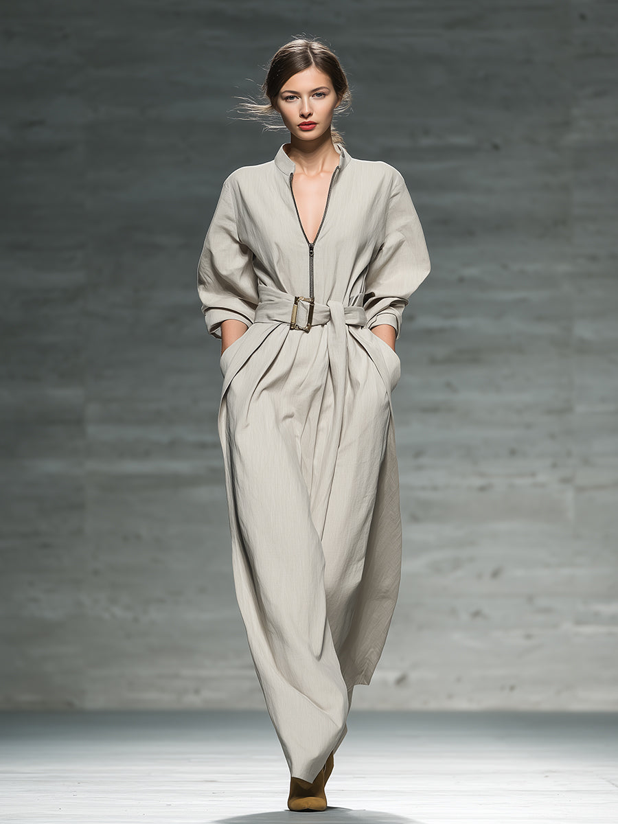 Women's Beige Linen-Blend Dress With Zipper Neck & Belted Waist, Modern Minimalist Style Maxi Dress MDA0862L3I