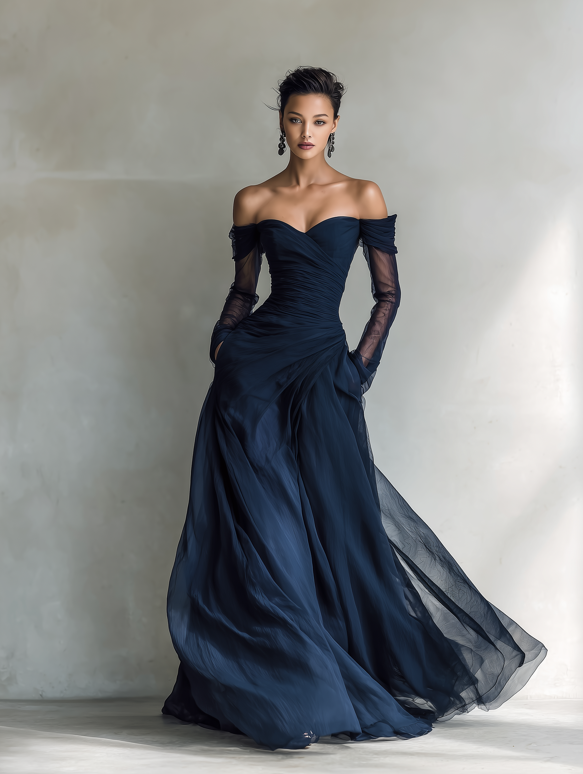 Women's Elegant Dark Blue Chiffon Organza Off-shoulder Long-sleeved Fitted Maxi Dress MDA1711L9AN