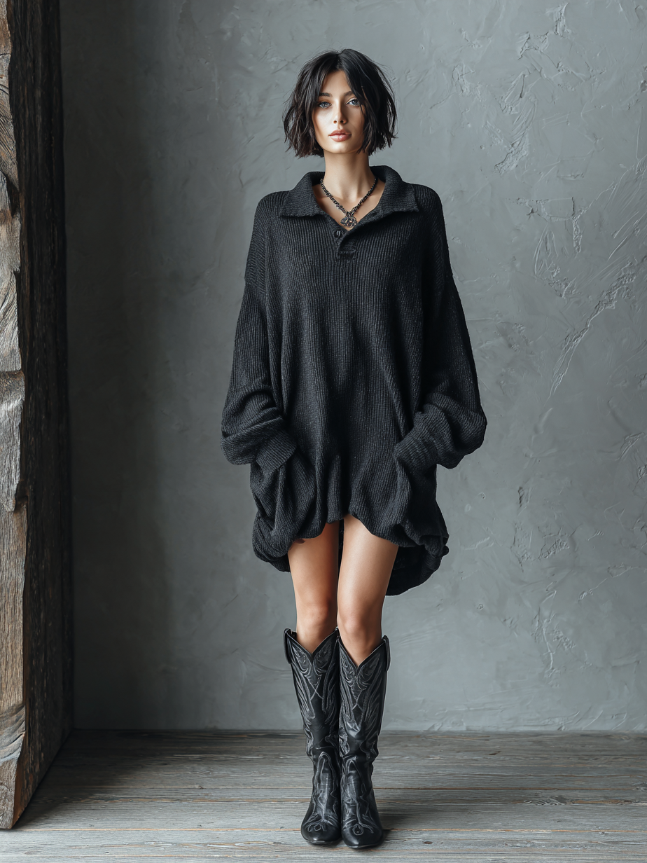 Women's Vintage Knit Lapel Loose Mini Dress MDA1270H0Y