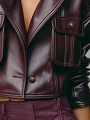 Women's Loose PU Leather Short Double Chest Pocket Single Button Jacket MDA1666I2Y