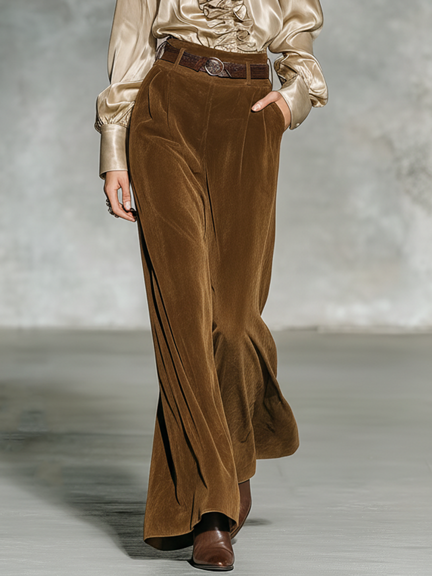 Women's Minimalist Satin Blouse And Faux Suede Flared Pants Set (belt Not Included) MDA2719K2Y
