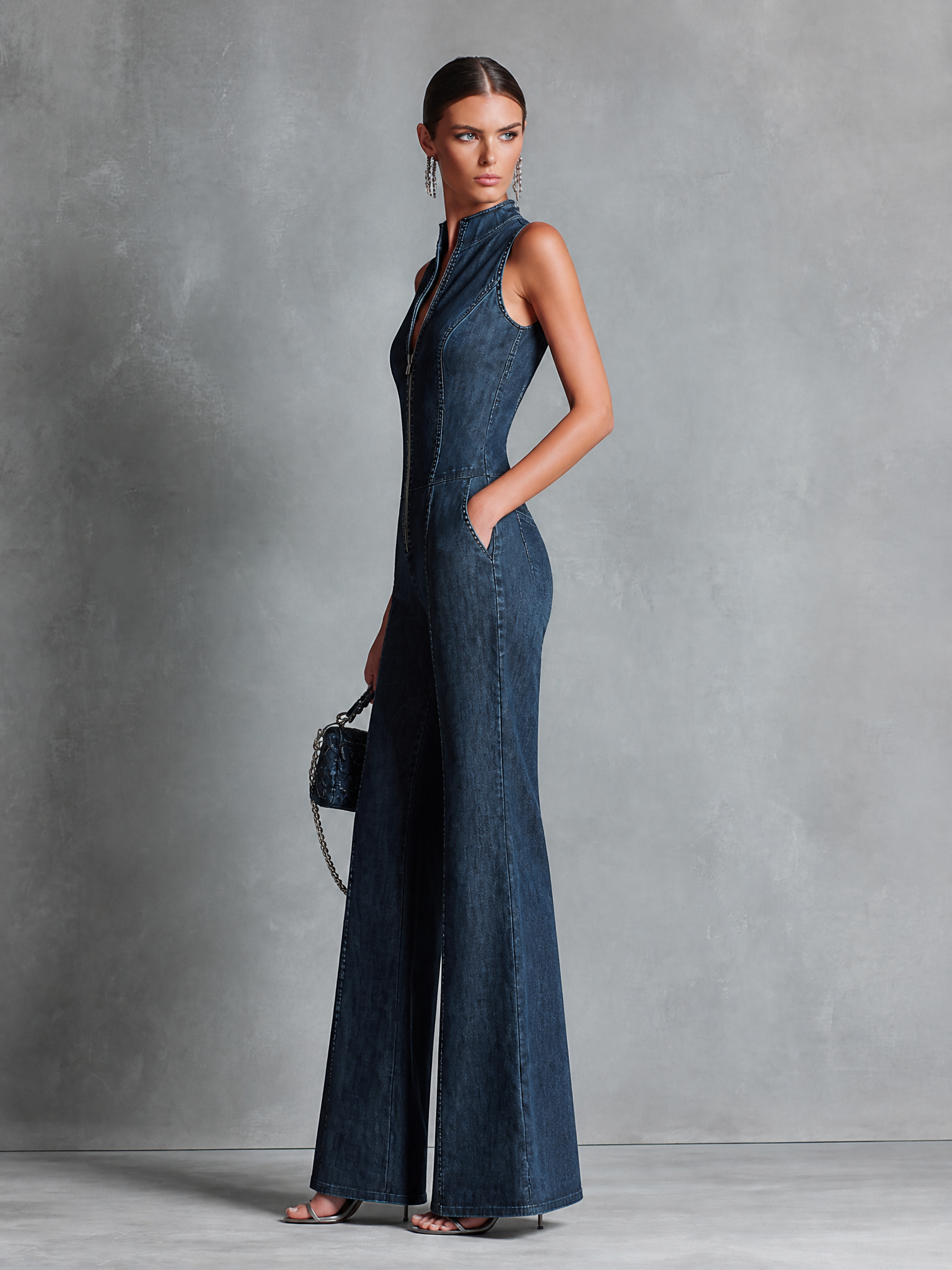 Women's Retro Style Dark Blue Denim Sleeveless High-Neck Flared Jumpsuit With Front Zipper MDZ1239B2BA