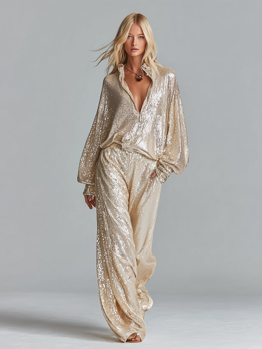 Women's Gold Glamorous Sequin Collared Half - Zip Wide - Leg Loungewear Party Set MDA2425I0I