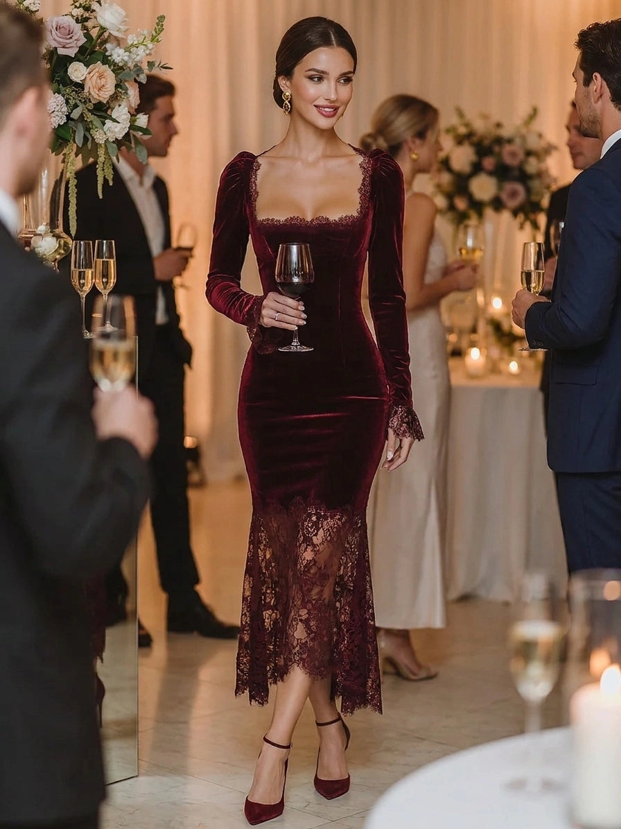 Women's Burgundy Velvet Lace Fitted Maxi Dress MDA1190J4T