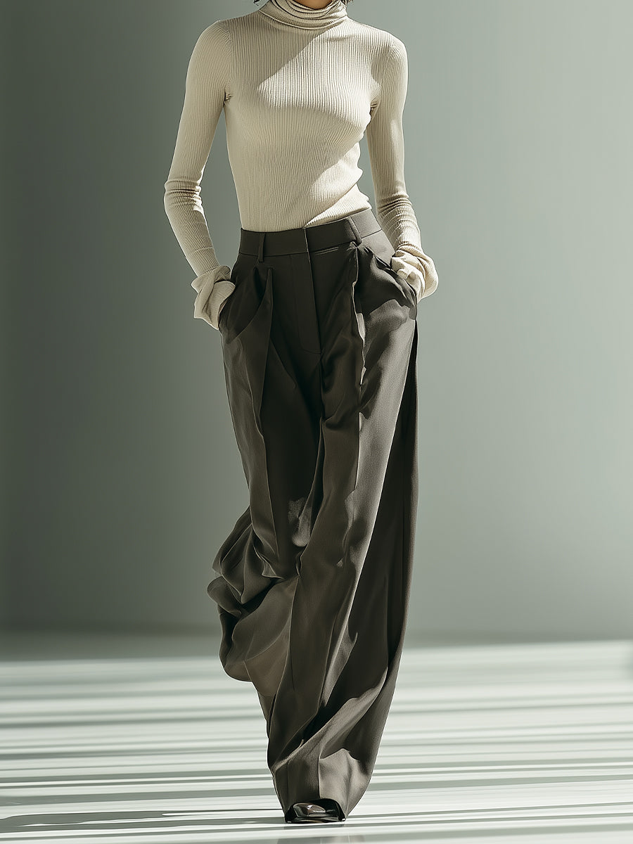 Women's Beige & Grey Elegant Rib - Knit Turtleneck Sweater & Pleated Wide - Leg Pants Set MDA1655H4I