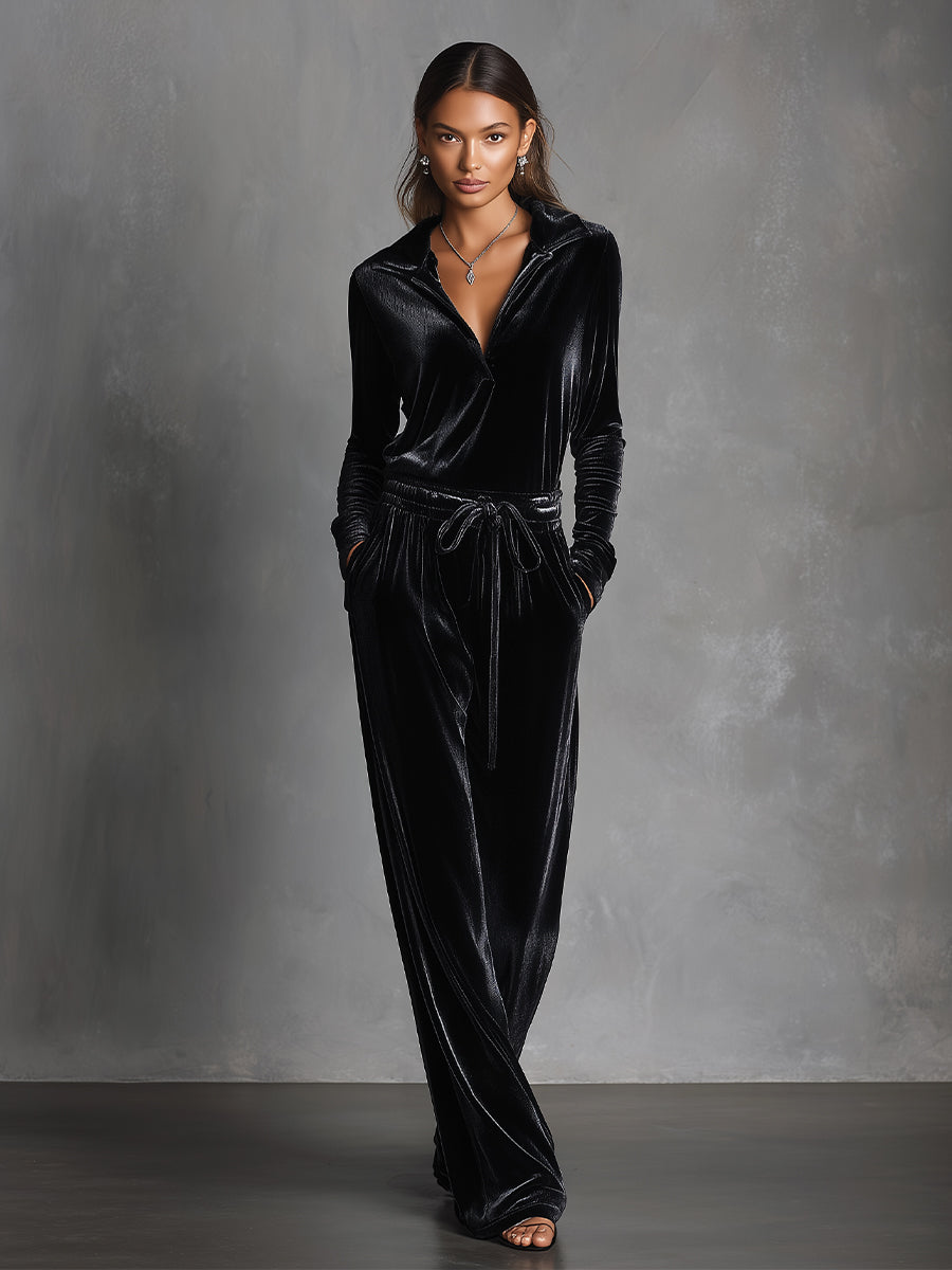 Women's Black Velvet Glamorous Collared Tie-Waist Jumpsuit MDA0171K4I