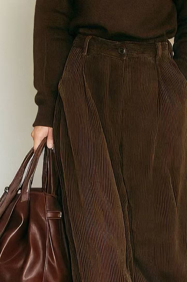 Women's Elegant And Simple Brown Turtleneck Knit Top Paired With Brown Corduroy Straight-leg Trousers MDA0632K3AN
