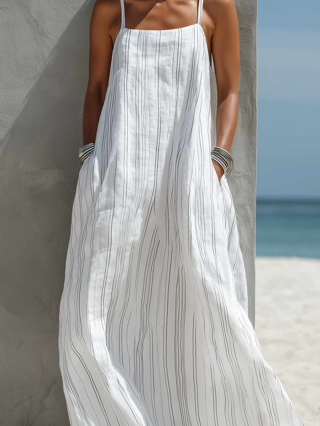 Women's Casual White Vertical Striped Woven Sleeveless Loose Long Dress MDZ0324C9AN