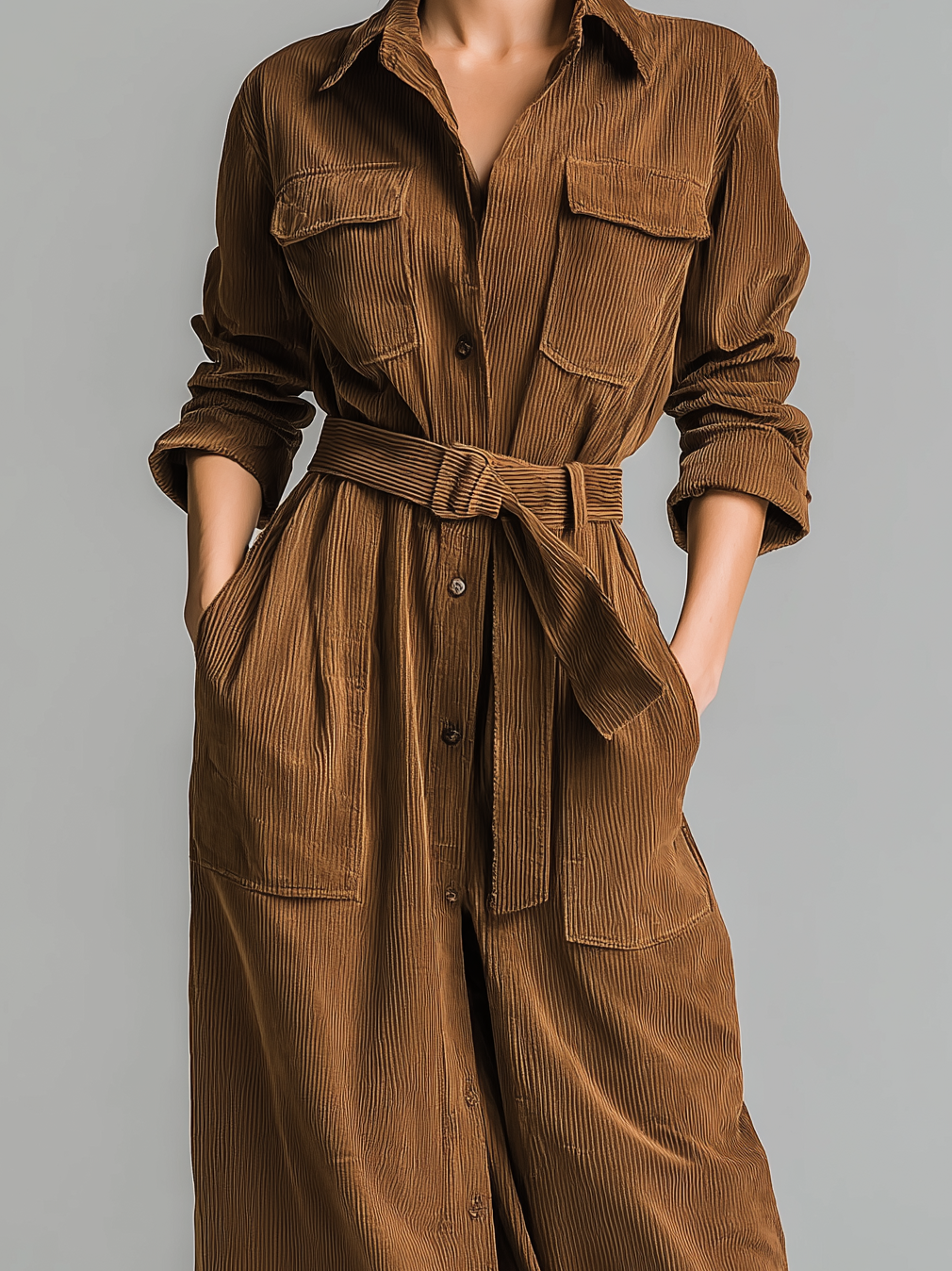 Women's Elegant Camel Corduroy Long-sleeved Shirt Dress MDA1866L7AN